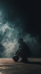 Basketball Player Contemplating in Smoky Arena 