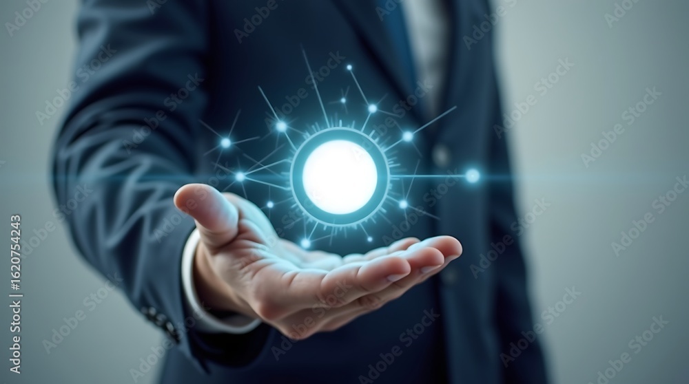 Poster businessman pushing a digital global network connection icon on a touchscreen computer