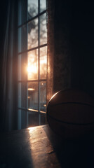 basketball resting near window with sunset glow 