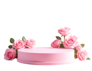 A dreamy pastel circular pink podium with blooming pink roses