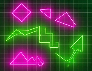 Neon geometric shapes on grid background