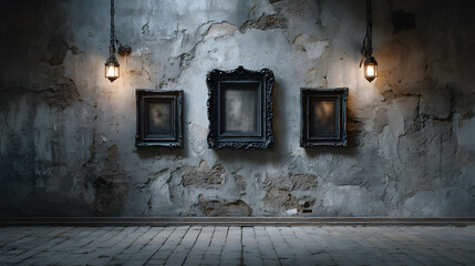 Creepy spooky black frames on old wall in haunted house