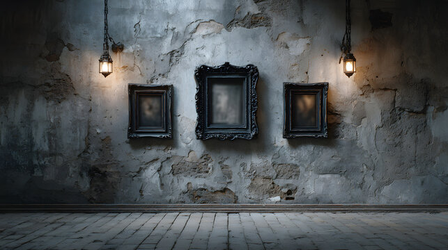 Creepy spooky black frames on old wall in haunted house