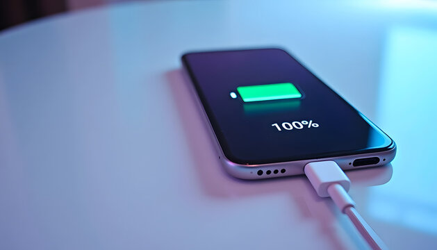 A smartphone is fully charged and connected with a white charging cable on a white surface.