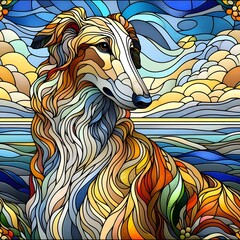 보르조이, 스테인드 글라스 기법 일러스트, jpeg (Borzoi, Stained Glass Techniques Design Illustration, jpeg)