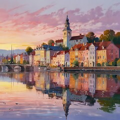 Charming Waterfront Town at Sunset with Church Steeple and Reflections – Serene Urban Landscape for Travel and Inspiration