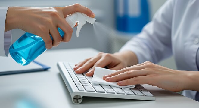 Professional sanitizing keyboard with spray and wipe for hygiene and clean workspace