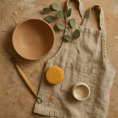 Flat Lay of Pottery Tools with Apron, Clay Bowl, and Sculpting Materials on Rustic Table