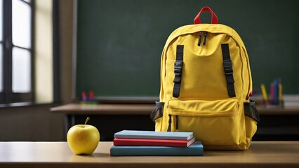 bright yellow backpack standing on a school desk on the left, a stack of books with a red apple on top placed next to it