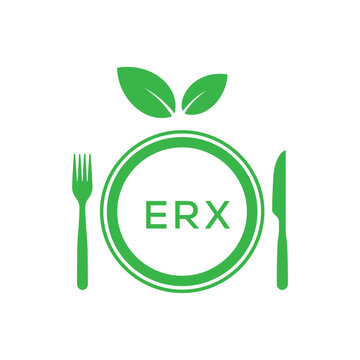 ERX Letter Logo. ERX Organic Food Logo with Plate, Fork, Knife, and Leaf Icon &ndash; Healthy Restaurant and Eco-Friendly Dining Design.
