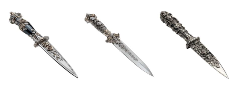 Ornate Decorative Knives with Intricate Handles on Transparent Background