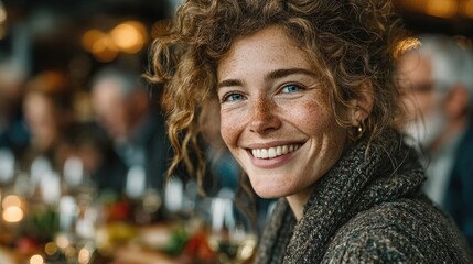 Close-up of a smiling woman with curly hair, a warm smile and freckles, seated at a dinner table