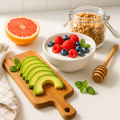 Healthy Breakfast Flat Lay with Yogurt, Fresh Berries, Avocado Slices, and Granola