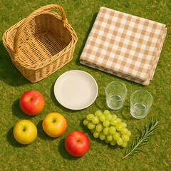 Sunny Picnic Scene with Wicker Basket, Fresh Fruits, and Gingham Blanket on Green Grass
