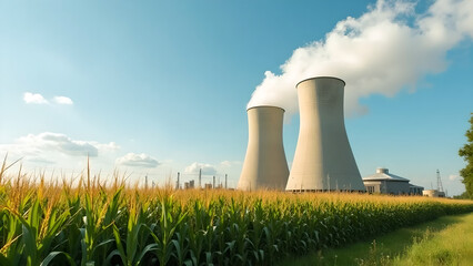 Nuclear Power Plant with Cooling Towers in Cornfield under Blue Sky – Rural Energy Landscape

