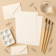 Minimal Watercolor Art Stationery Flat Lay with Brushes and Envelopes