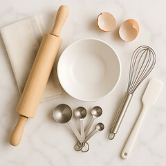 Minimalist Baking Tools Flat Lay on Marble Kitchen Counter