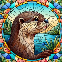 수달, 스테인드 글라스 기법 일러스트, jpeg (otter, Stained Glass Techniques Design Illustration, jpeg)