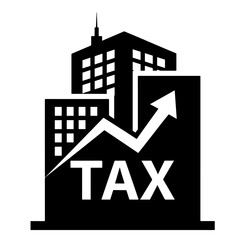 Fototapeta premium Flat Black Vector Silhouette of Building with Tax Symbol and Upward Arrow Representing Income Tax Simple Bold Design PNG