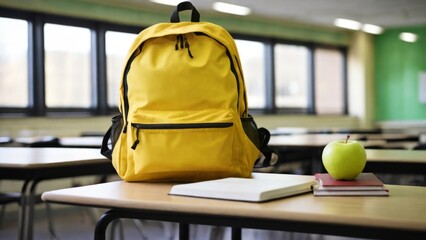 bright yellow backpack standing on a school desk on the left, a stack of books with a red apple on top placed next to it