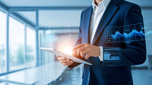 Businessman in a suit analyzing financial data charts on a futuristic tablet with a holographic user interface display.