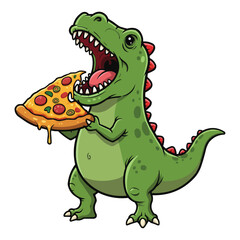 Green Dinosaur Devouring Pizza Slice Cartoon