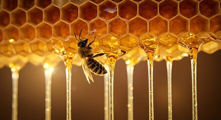 Honeybee Climbing Honeycomb with Melting Honey Dripping in Warm Light