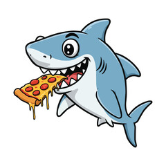 Naklejka premium Happy Shark Eating Pizza Slice Cartoon