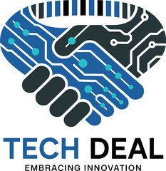 Obraz premium Tech deal partnership handshake logo design for technology company and startup vector illustartion