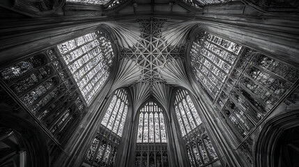 Ornate vaulted ceiling with grand stained glass windows architecture interior