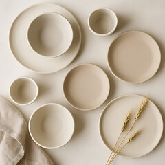 Minimalist Beige Ceramic Plates and Bowls on Neutral Tabletop with Natural Wheat Accents