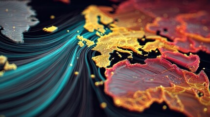 Simulation layers tracking storm paths across shifting climate zones
