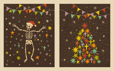 Quirky Retro Skeleton Christmas Double Card Set