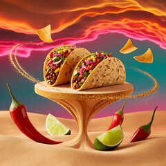 Fantasy Tacos on Abstract Pedestal with Chili Peppers and Flying Nachos in Surreal Sunset Scene