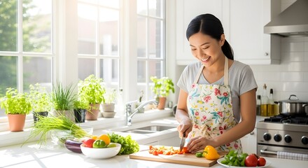 A smiling Asian woman wearing a floral apron chops fresh vegetables in a bright, sunlit kitchen.