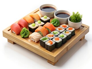 Delicious Sushi Platter: Assorted Rolls, Nigiri, Soy Sauce, Wasabi, and Sea Grapes on Elegant Bamboo Tray.