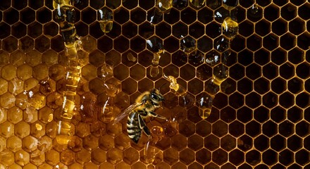Honeybee on Honeycomb with Beeswax and Honey Drips in Natural Setting