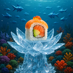 Fantasy Sushi Roll on Crystal Pedestal in Underwater Coral Reef Scene