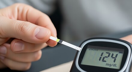 Monitoring Blood Glucose: Hand using a digital meter for diabetes health check