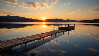 a serene lakefront scene at sunset. a wooden dock extends into calm waters that reflect the warm, orange hues of the setting sun