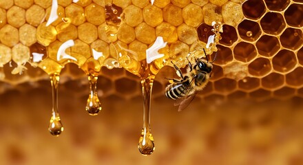 Honeybee on Honeycomb with Dripping Honey in Close Up