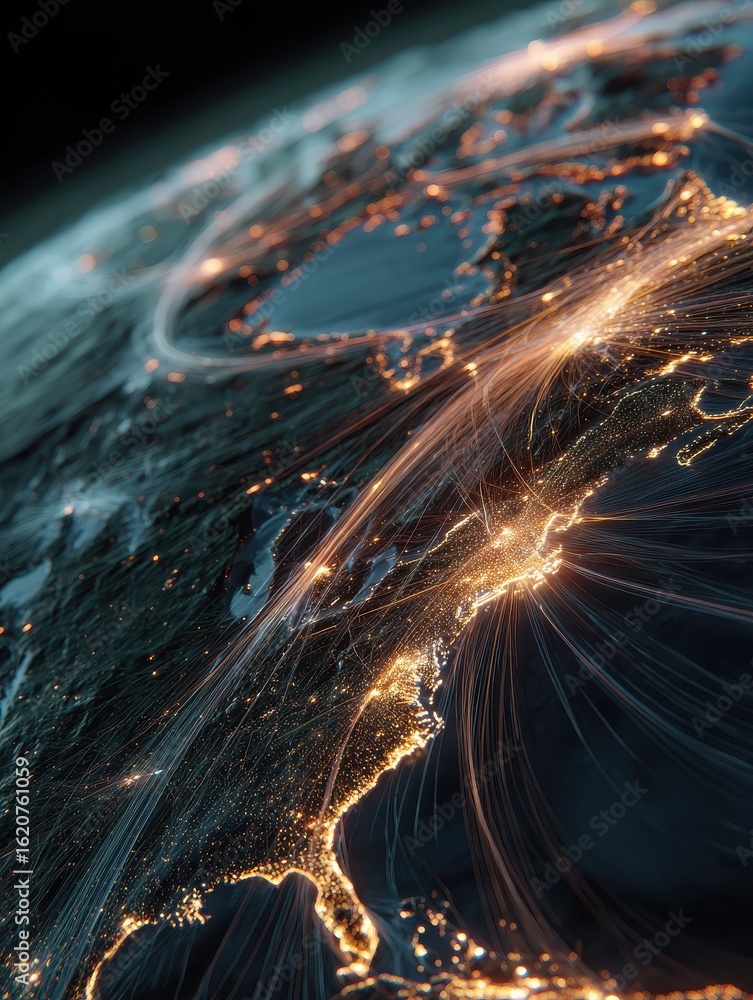 Wall mural illuminated earth visualization showcasing vibrant data links and dynamic energy flow