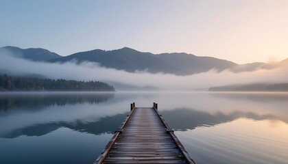 a serene lakeside scene at sunset or sunrise. a wooden dock extends over calm water towards a hazy horizon under a partly cloudy sky