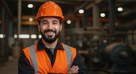Smiling bearded man wearing orange hard hat and safety vest in industrial setting arms crossed confidently