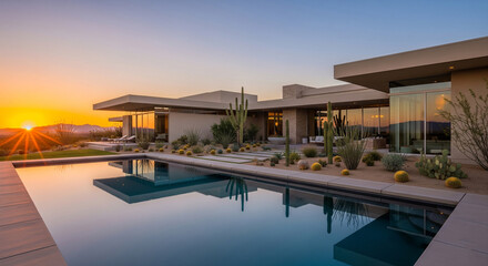 Modern desert home with a swimming pool, reflecting a vibrant sunset and unique cacti.