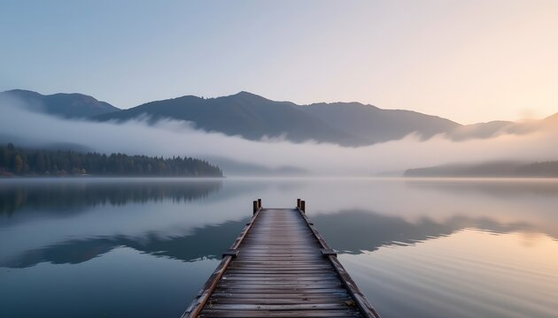a serene lakeside scene at sunset or sunrise. a wooden dock extends over calm water towards a hazy horizon under a partly cloudy sky