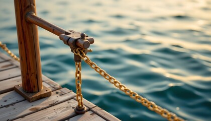 Naklejka premium a wooden dock extends into still waters under a clear sky at sunset, with a rope mooring it to a post