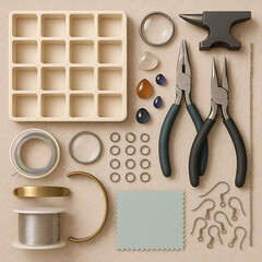 Flat Lay of Jewelry Making Tools and Supplies with Beads, Wire, and Pliers on Neutral Background