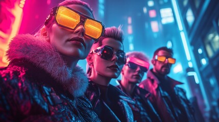 A group of people wearing sunglasses and jackets are posing for a photo in a city. The photo has a futuristic and urban vibe, with neon lights and a cityscape in the background