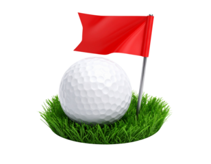 A golf ball and a red flag sitting on an isolated hemisphere golf grass ground in iso 